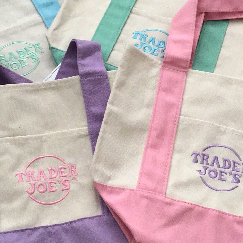 Trader Joe’s mini canvas pastel colored totes, set of 4 pink, purple, blue, mint